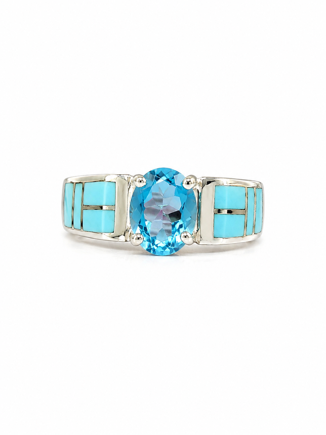 Handmade Navajo Kingman Turquoise & Blue Topaz Sterling Silver Ring
