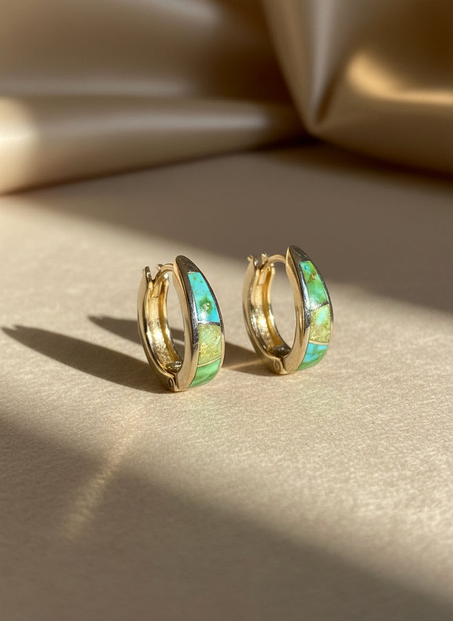 Sonoran Gold Turquoise Huggies Earrings - Navajo Stone Inlaid