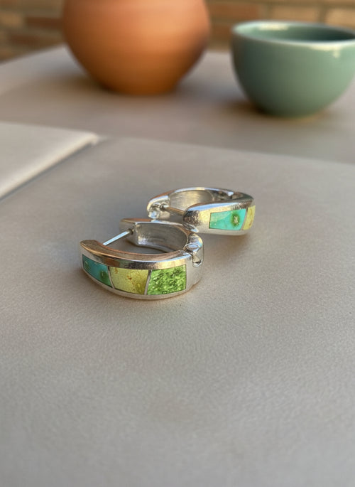 Sonoran Gold Turquoise Huggies Earrings - Navajo Stone Inlaid
