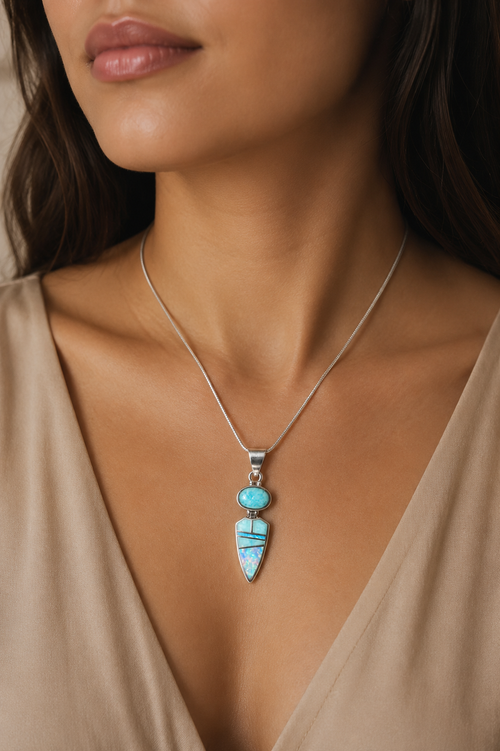 Navajo Made Opal and Amazonite Necklace on Model