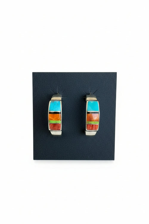 Multi Stone Sterling Silver Half Hoop Post Earrings - Navajo Handmade