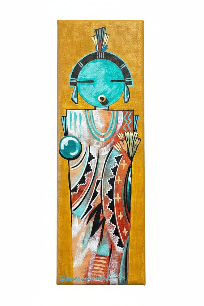 Richard Gorman is actually of Hopi and Navajo heritage, and many of his works depict stylized ceremonial maidens / katsina maidens / feminine spirit figures, not just generic masks. He’s known for bold geometry, symbolic crosses, feather forms, and bright ceremonial colors