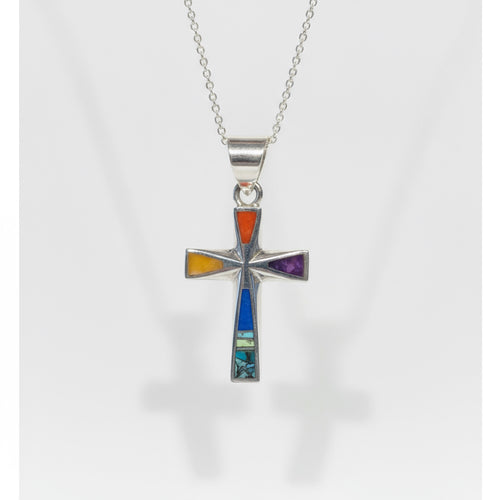 Navajo Stone Inlaid Christian Religious Cross Pendant Necklace