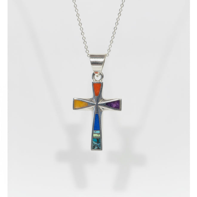 Navajo Stone Inlaid Christian Religious Cross Pendant Necklace