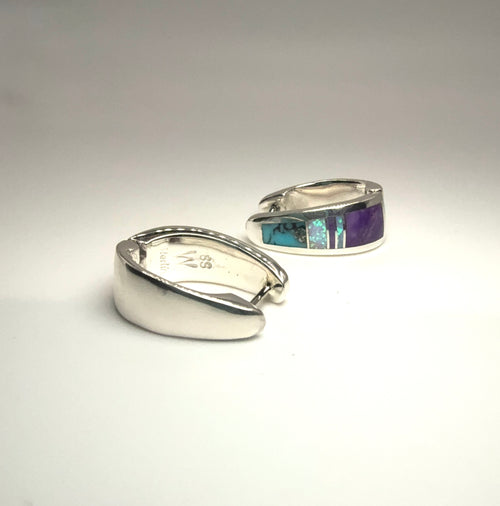Turquoise, Opal & Sugilite Huggies Earrings - Navajo Handmade