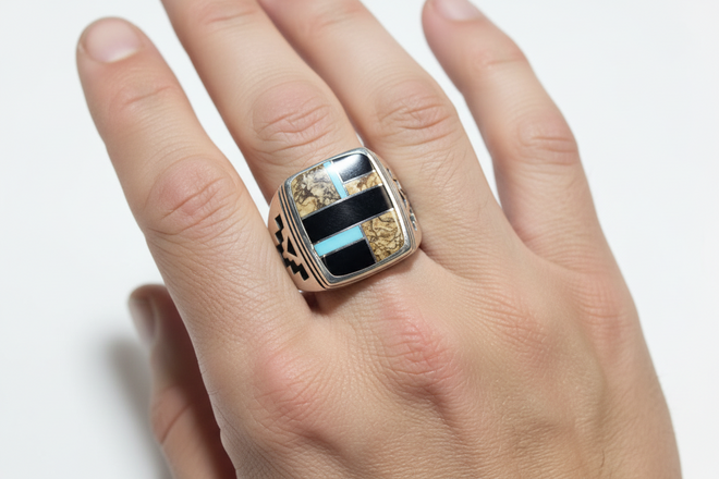 Tiger's Eye Jasper, Black Jade & Kingman Turquoise Ring