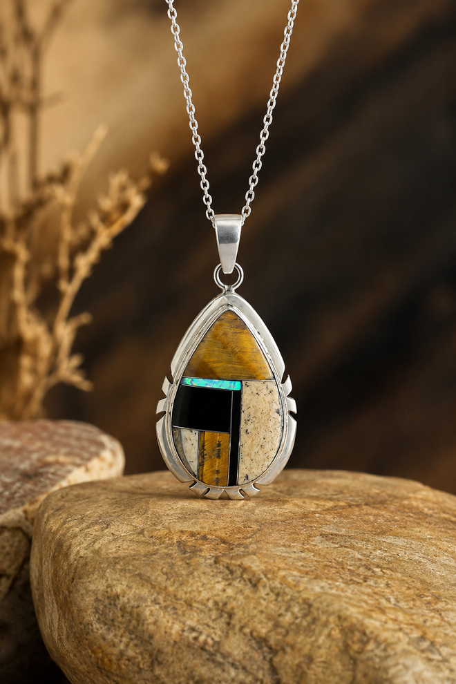 Navajo Stone Inlaid Tiger's Eye Jasper Necklace