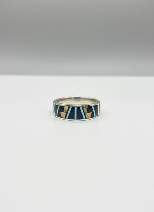 Authentic Navajo Kingman Turquoise, Black Jade & Tiger's Eye Jasper Inlay Ring in Sterling Silver