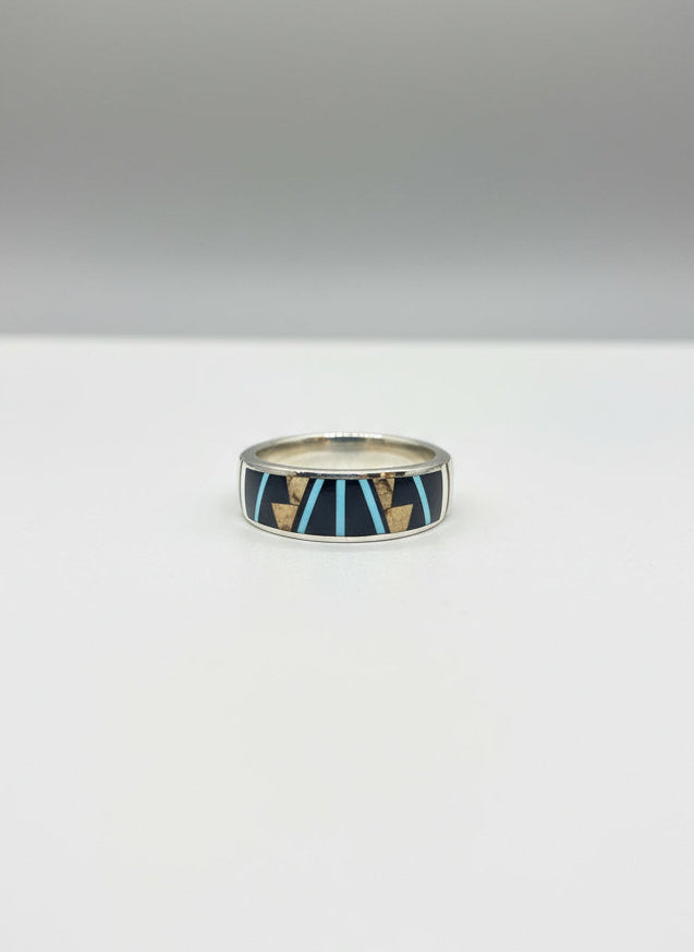 Authentic Navajo Kingman Turquoise, Black Jade & Tiger's Eye Jasper Inlay Ring in Sterling Silver