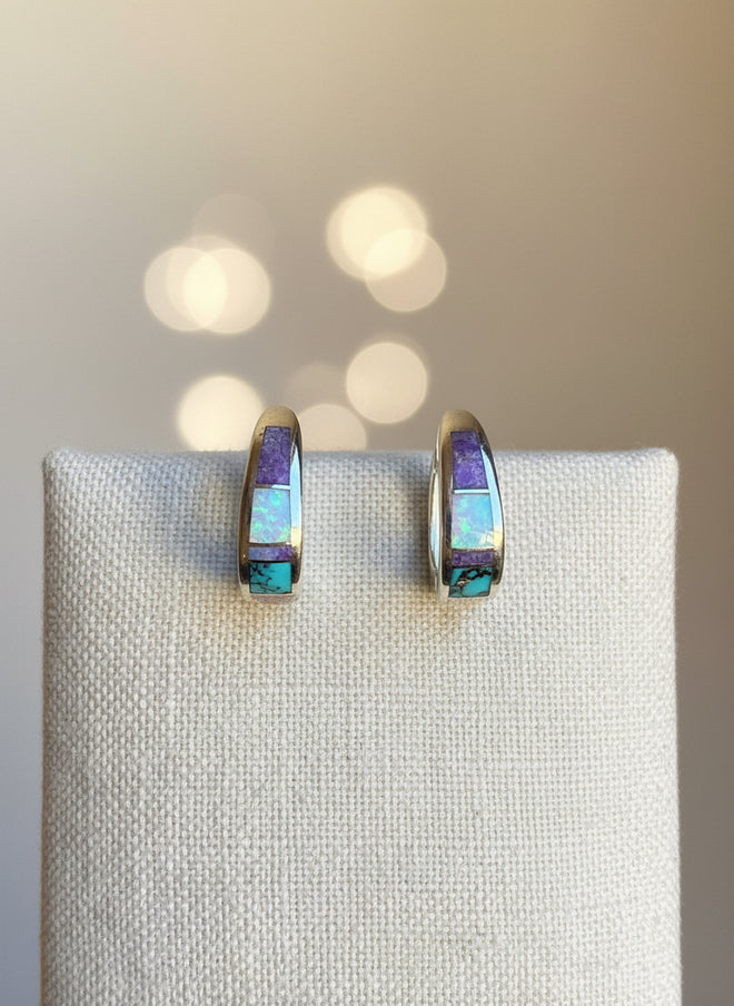 Turquoise, Sugilite & Opal Huggies Earrings - Navajo Stone Inlaid