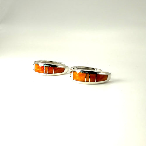 Spiny Oyster Huggies Earrings - Navajo Stone Inlaid