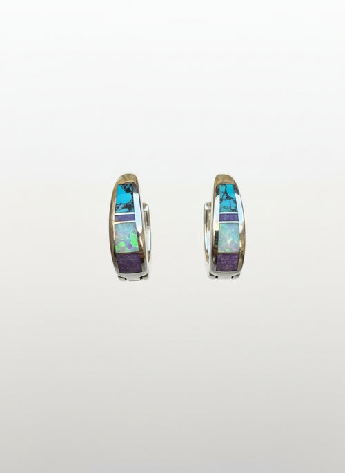Turquoise, Sugilite & Opal Huggies Earrings - Navajo Stone Inlaid