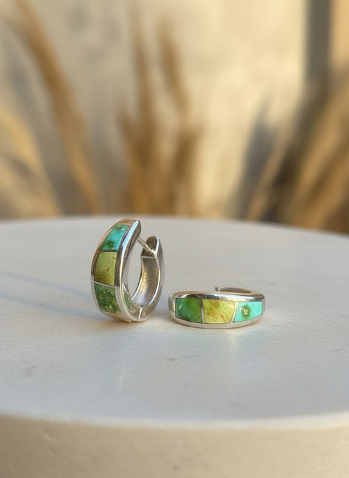 Sonoran Gold Turquoise Huggies Earrings - Navajo Stone Inlaid