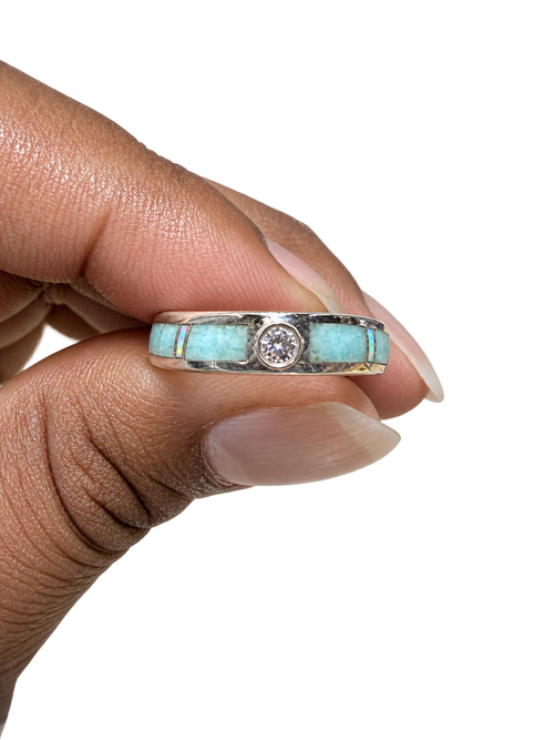 Supersmith David Rosales opal and amazonite Navajo inlay ring handcrafted by Tim Charley.