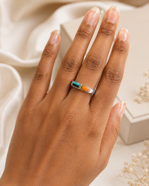Navajo multi stone inlaid ring on hand