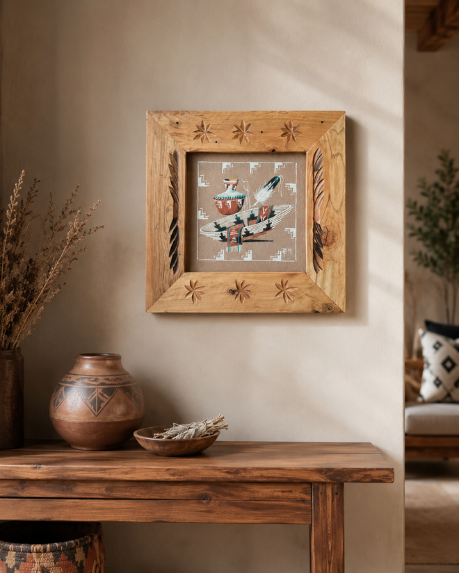 Framed Navajo sand painting displayed on a Southwest style wall above a rustic wood console