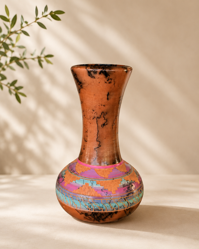 One-of-a-kind handmade Navajo horsehair pottery vase with hand-carved Southwestern patterns in turquoise, pink, and earth tones. Authentic Native American ceramic art crafted using the traditional horsehair firing technique.