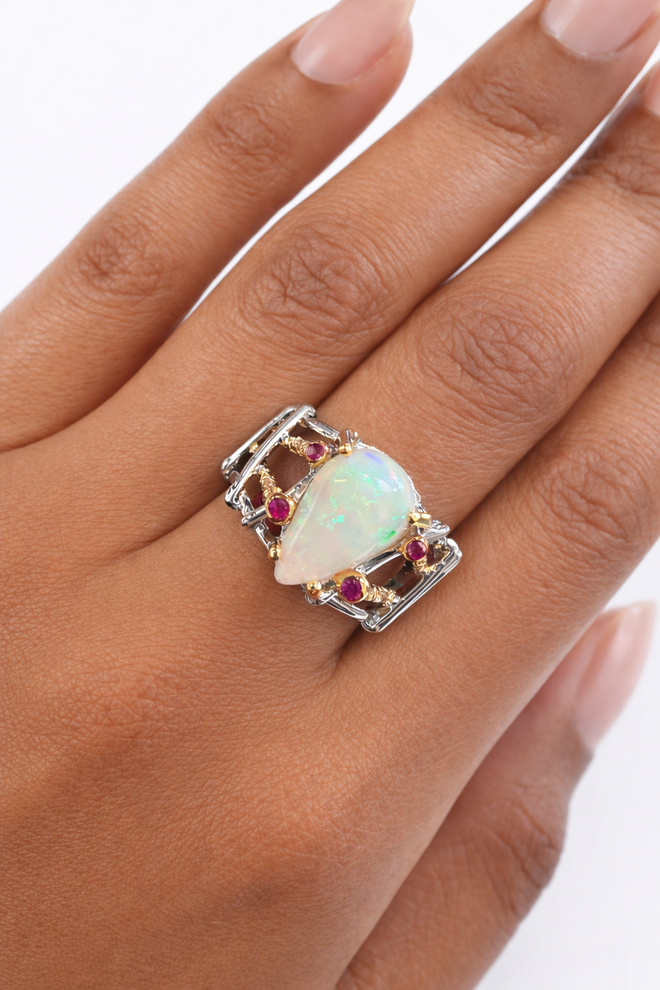 Ethiopian Opal & Rhodolite Ring