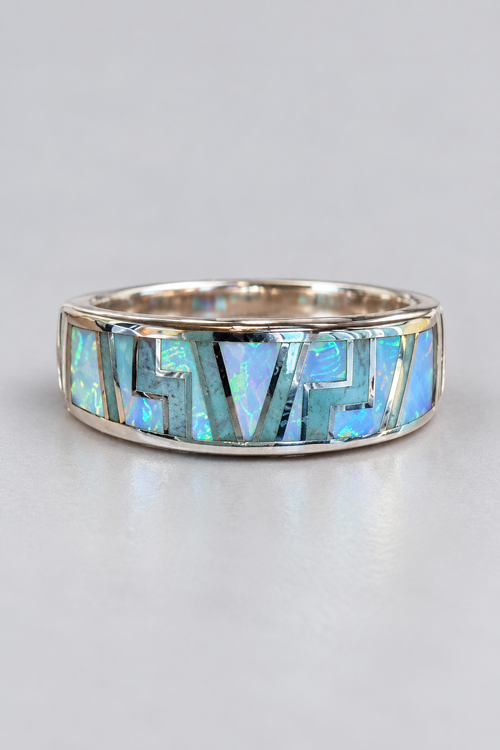 Navajo Amazonite & Cultured Opal Inlay Sterling Silver Ring