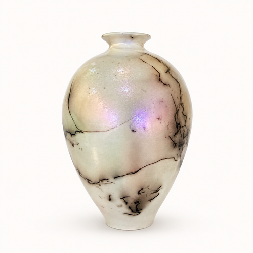 Opalescent Off White Horsehair Raku Pot 