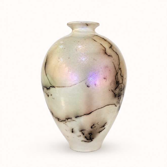 Opalescent Off White Horsehair Raku Pot 