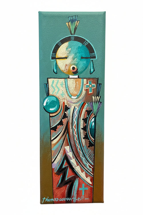 A vibrant Southwestern feminine spirit figure rendered with sacred geometry, turquoise symbolism, and ceremonial plume motifs inspired by Native traditions.