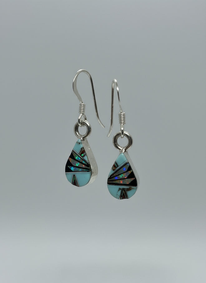 Small Turquoise, Black Jade & Opal Pear Drop Earrings