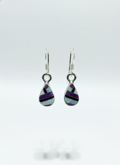 Small Sugilite, Black Jade, Mother of Pearl & Opal Pear Drop Earrings