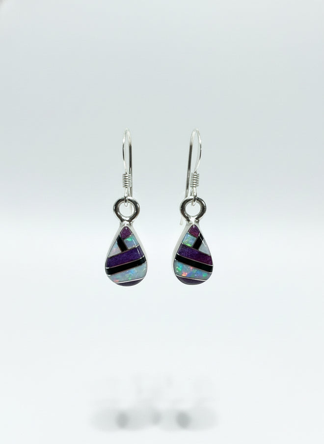 Small Sugilite, Black Jade, Mother of Pearl & Opal Pear Drop Earrings