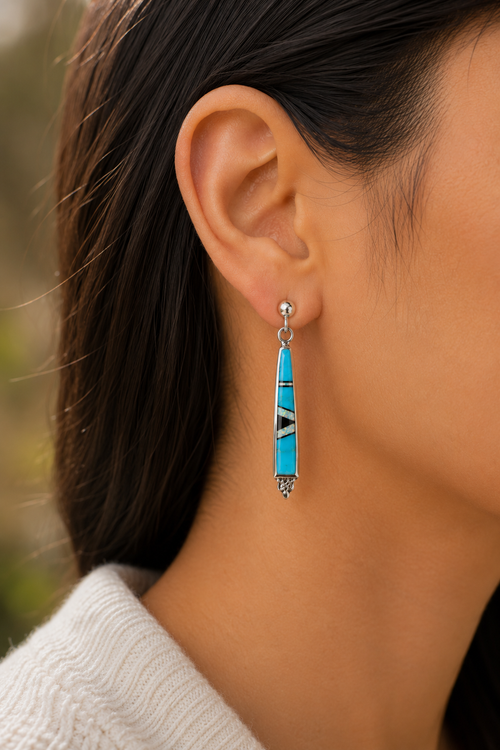 Petite Kingman Turquoise Stone Inlaid Long Post Earrings