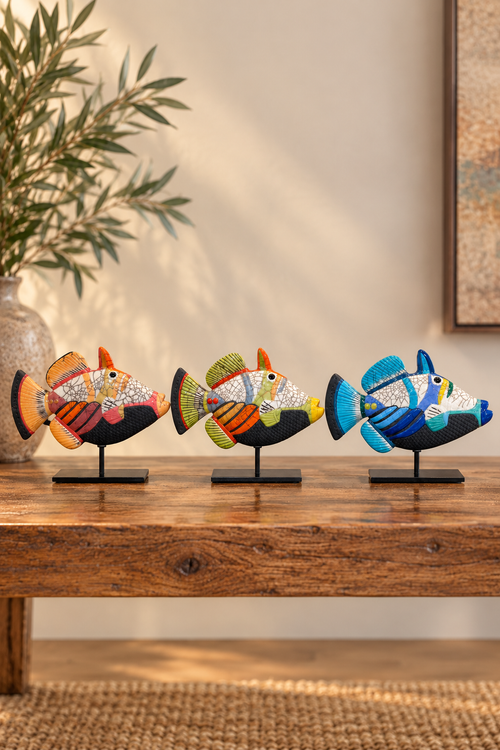 Handmade Raku Ceramic Picasso Fish Sculpture on Stand