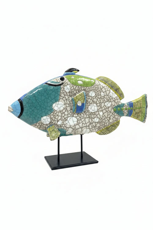 Raku Glazed Trigger fish on stand