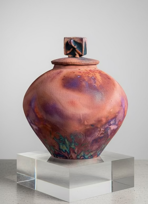 Handmade Round Raku Pot with Element of Dragonfly on Lid