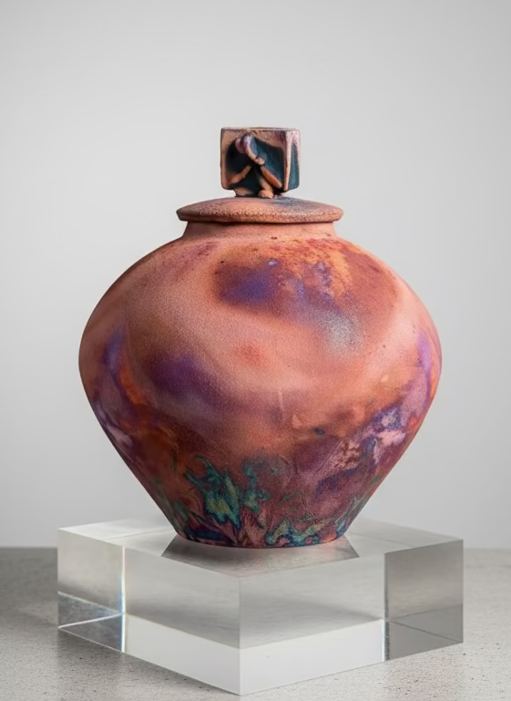 Handmade Round Raku Pot with Element of Dragonfly on Lid