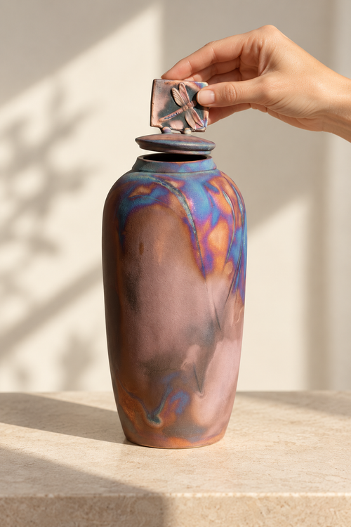 Tall Dragonfly Raku Pottery Vessel – One-of-a-Kind Arizona Art
