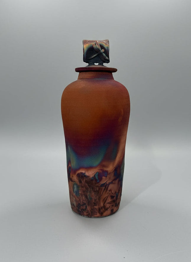 Handmade 12-inch Tall Raku Ceramic Pot with Lid