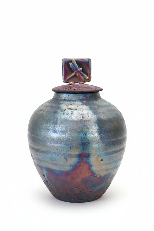Raku Pot with Glass Dragonfly Lid