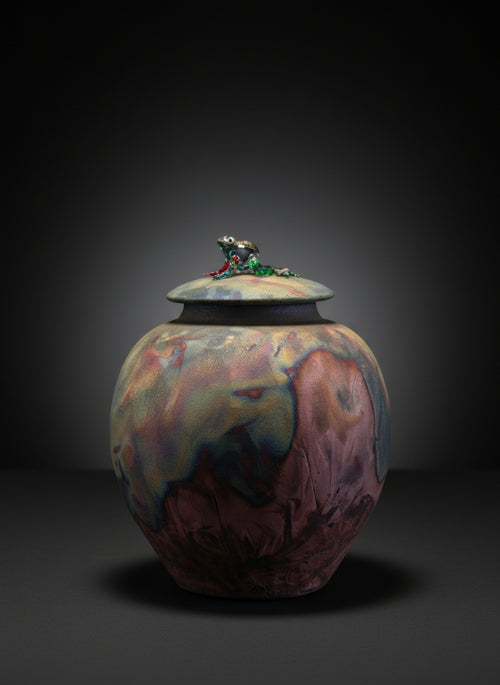 Raku Pot with Glass Frog on lid