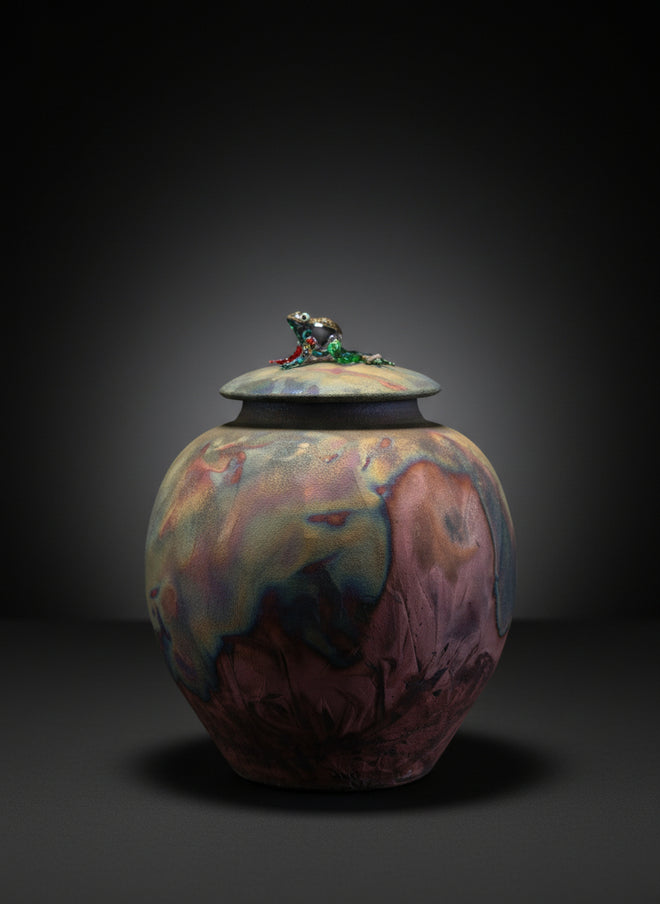 Raku Pot with Glass Frog on lid