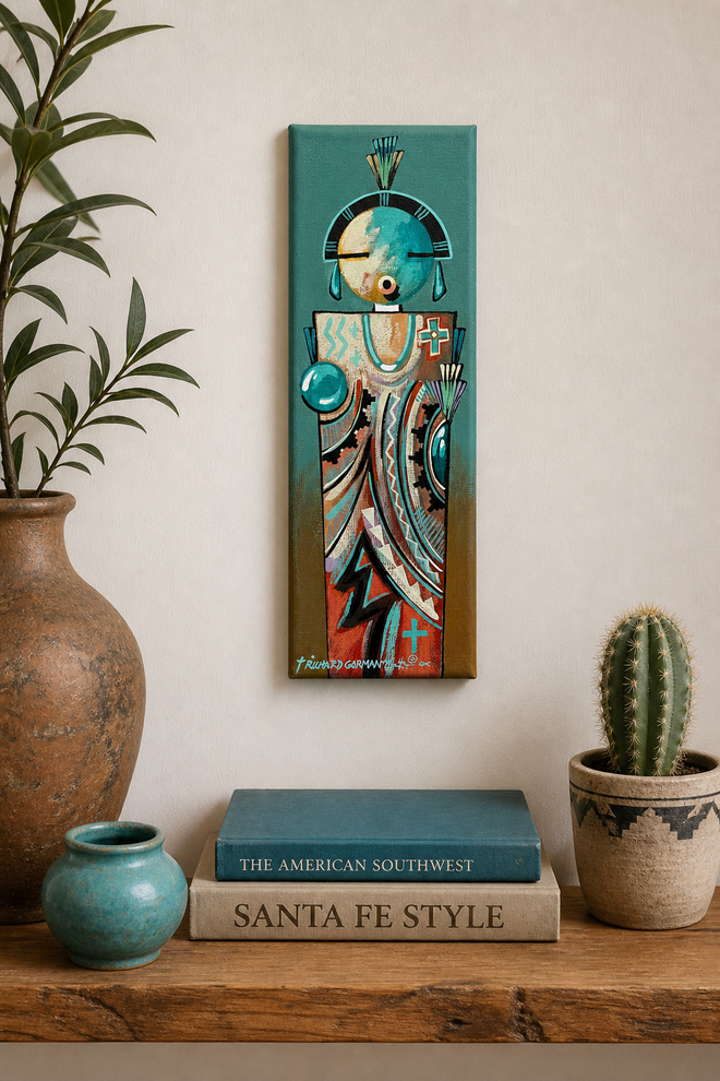 Original Richard Gorman spiritual figure painting, Southwestern Native wall art, turquoise ceremonial figure canvas