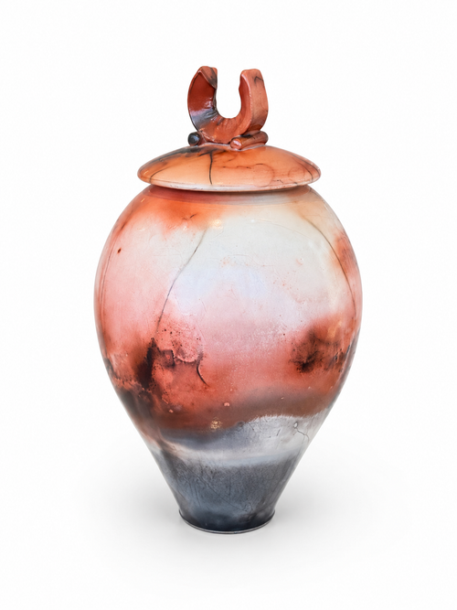 Saggar Fired lidded pot Raku Pot by Bob Smith 