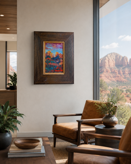 Sedona Icon red rock oil painting by Russell Johnson in rustic walnut and copper leaf frame