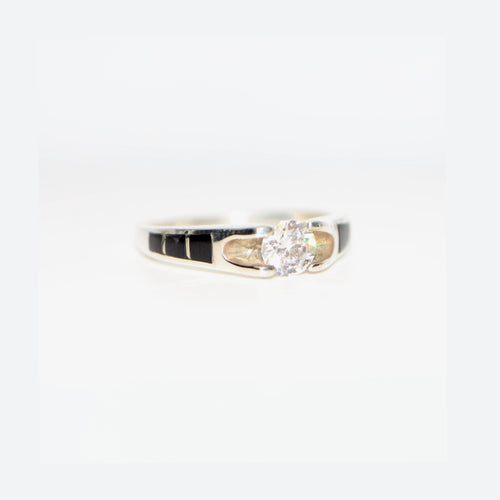 Black Jade & CZ Navajo Inlay Ring (Sterling Silver) — Custom 14K White/Yellow Gold