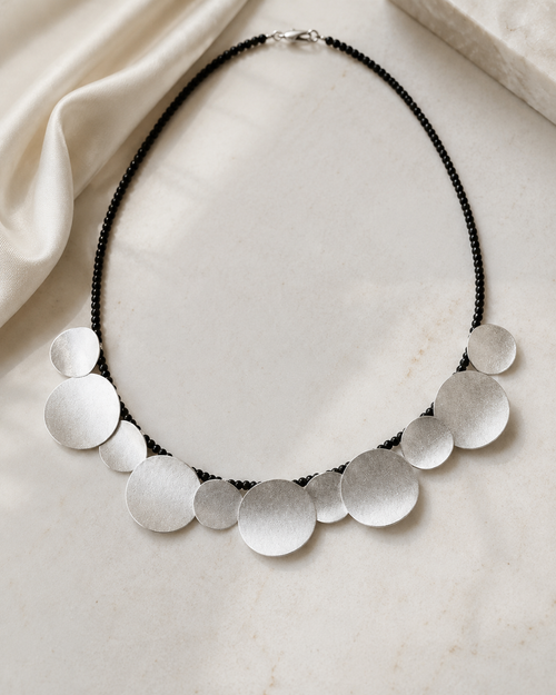 Silver Disc Necklace with Onyx Beads