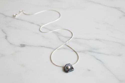 Oxidized Sterling Silver Petal Pendant with Freshwater Pearl