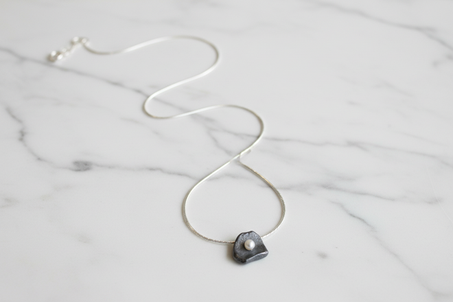 Oxidized Sterling Silver Petal Pendant with Freshwater Pearl