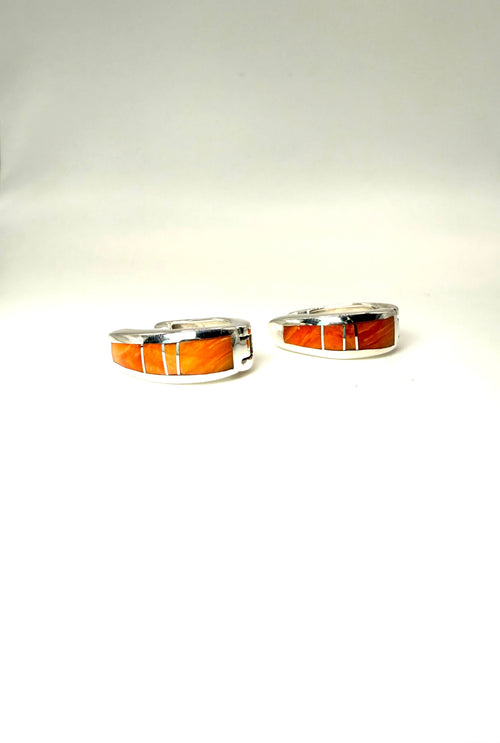 Spiny Oyster Huggies Earrings - Navajo Stone Inlaid