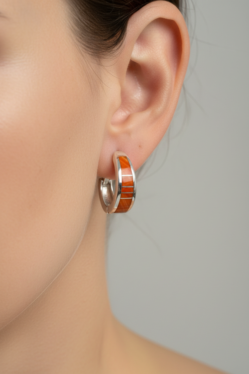 Spiny Oyster Huggies Earrings - Navajo Stone Inlaid