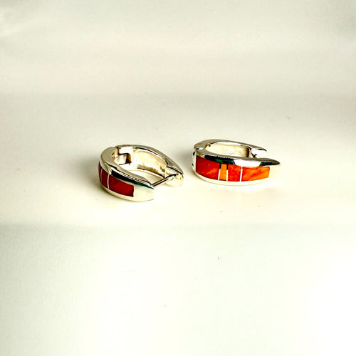 Spiny Oyster Huggies Earrings - Navajo Stone Inlaid