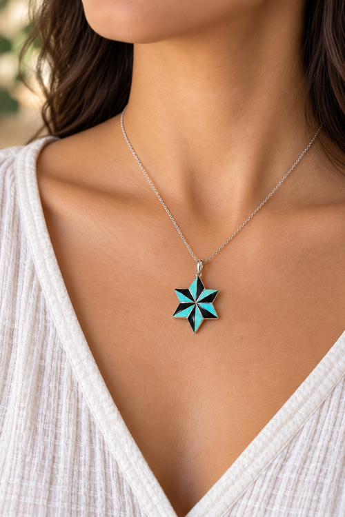 Zuni Kingman Turquoise & Black Jade Star Pendant – Sterling Silver
